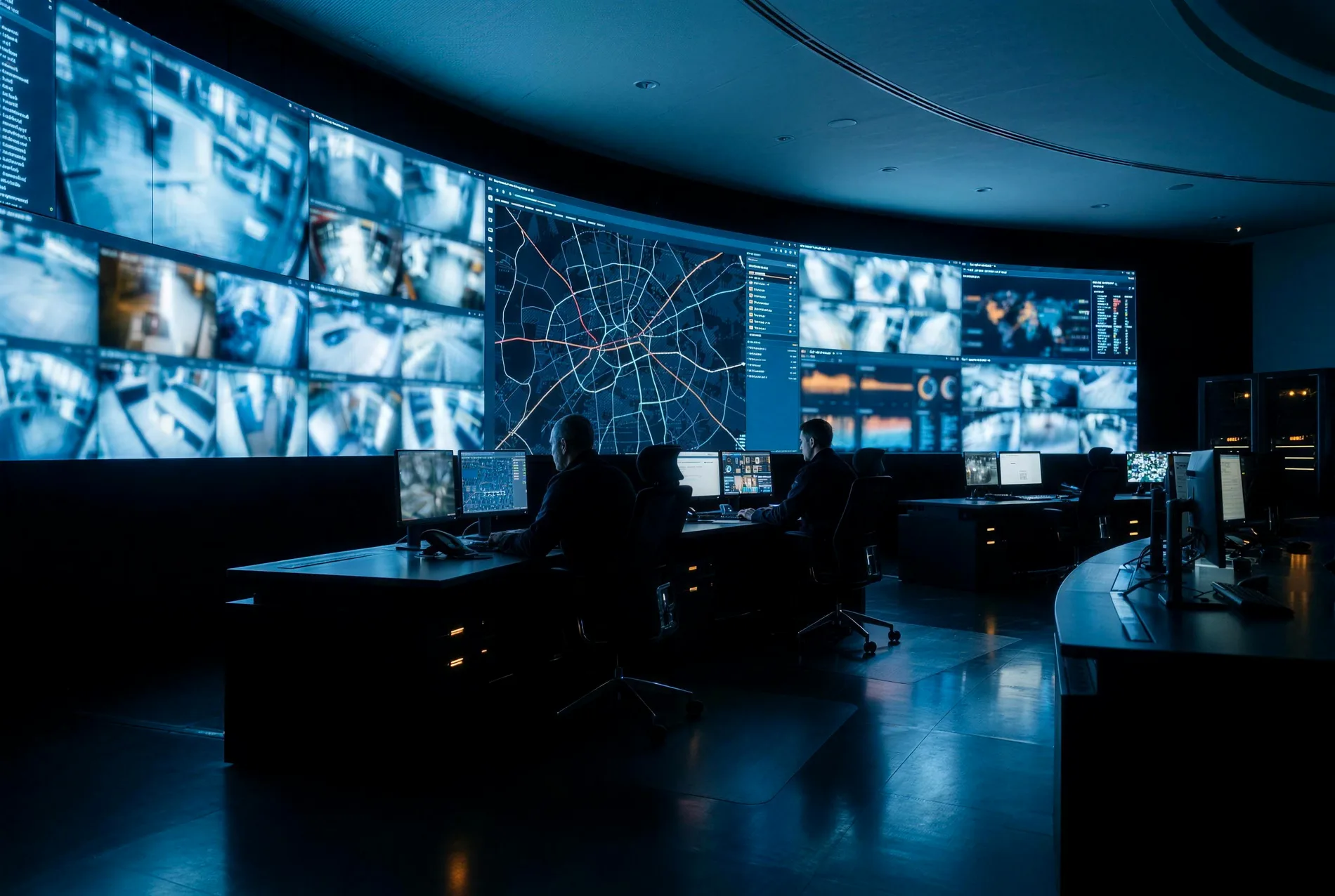 Operator Securand w centrali monitorowania przed ścianą podglądów z kamer