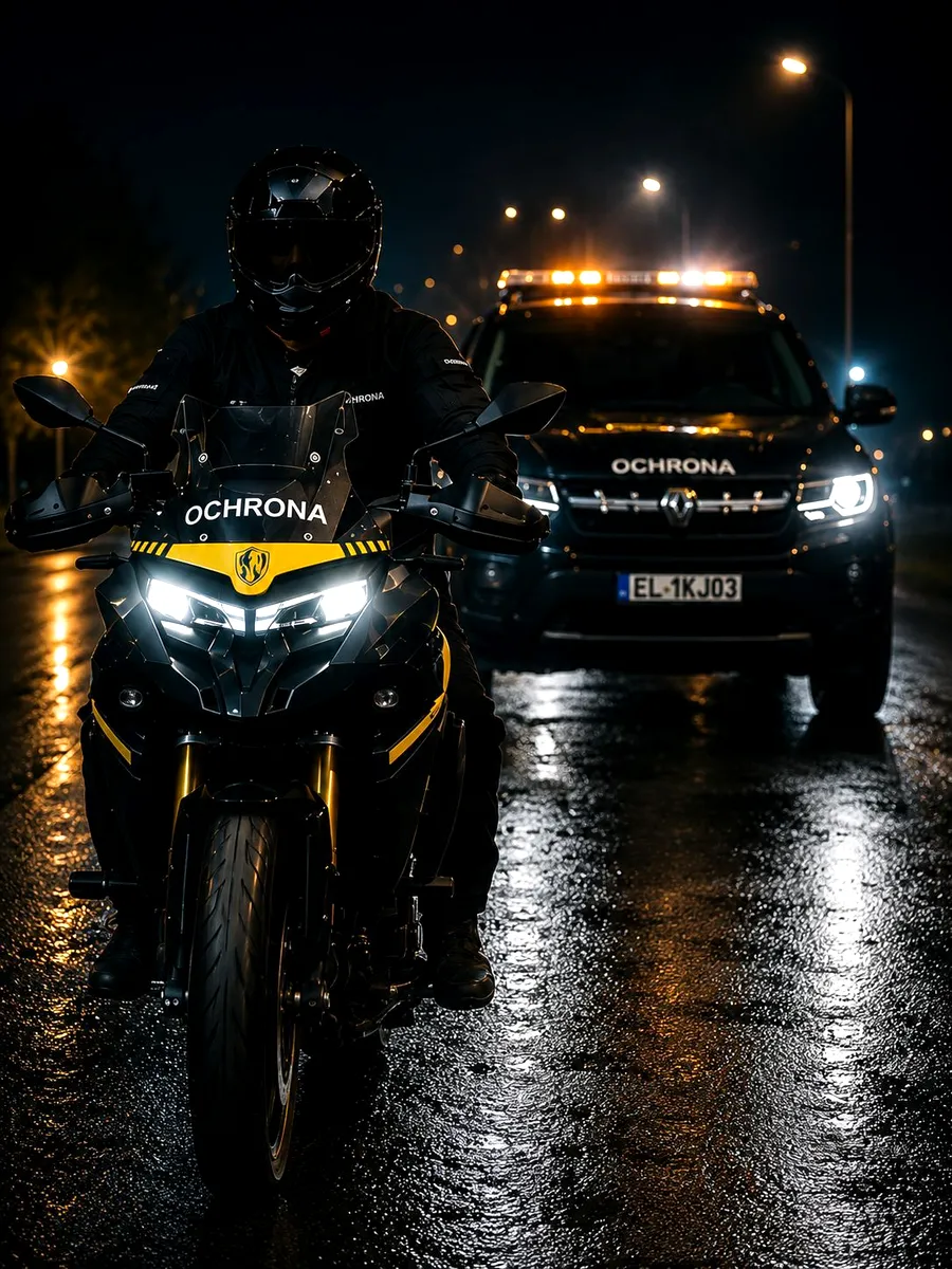 Patrol Securand - motocykl i pojazd interwencyjny OCHRONA na mokrej ulicy nocą