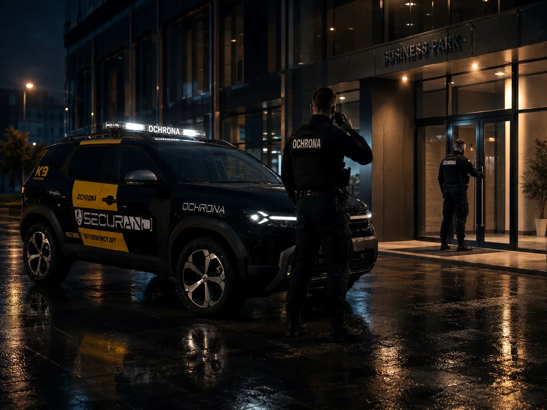 Patrol interwencyjny Securand K9 przy biurowcu w mieście nocą