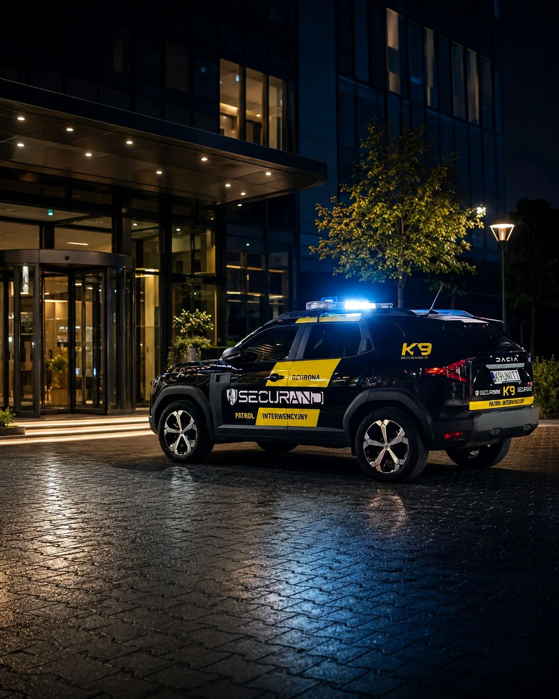 Pojazd interwencyjny Securand K9 z sygnalizacją świetlną przed biurowcem w mieście nocą