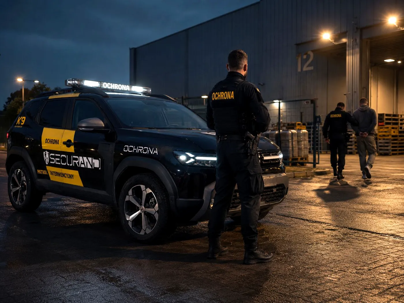 Funkcjonariusz ochrony Securand przy pojeździe interwencyjnym K9 podczas interwencji nocą