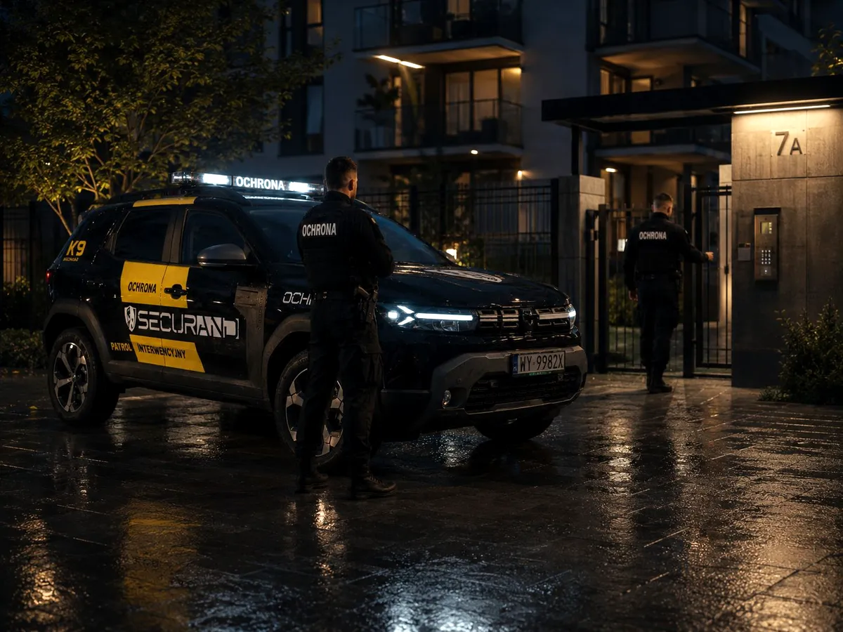 Patrol interwencyjny K9 Securand przy budynku mieszkalnym nocą